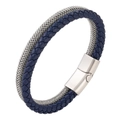 Double-layer braided leather and steel cord bracelet for men with magnetic clasp - 19cm / Dark Blue