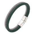 Green leather and steel wire braided double layer bracelet with magnetic metal clasp - Dark Green