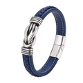 Blue braided leather bracelet with white stitching and silver magnetic buckle - Blue / 19cm