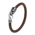 Brown braided leather bracelet with vintage silver dragon head steel clasp - Coffee / 19cm