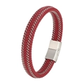 Pulsera minimalista de cuero rojo trenzado con cierre magnético de acero plateado - 18.5cm / Rojo