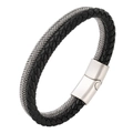 Men's double-layer leather and steel cord bracelet with brushed magnetic clasp - 19cm / Black