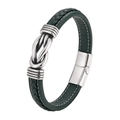 Men's dark green braided leather bracelet with silver metal knot and magnetic clasp - Dark Green / 19cm