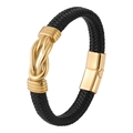 Men's hand-woven black leather bracelet featuring a polished gold infinity knot charm - 20.5cm / Gold
