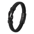 Minimalist black braided leather bracelet for men with infinity knot and matte metal clasp - 20.5cm / Black