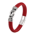 Braided red leather bracelet for men featuring white stitching and silver magnetic clasp - Red / 19cm