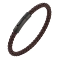 Men's dark brown braided leather bracelet with matte black magnetic metal clasp - 20.5cm / Coffee