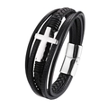 Multilayer black leather mens bracelet with silver stainless steel cross and magnetic clasp - Silver / Small Circumference