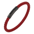 Minimalist red braided leather bracelet with a matte black metal push-pull clasp for men - 20.5cm / Red