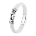 Witte gevlochten lederen herenarmband met zilveren knoop en magnetische sluiting - Wit