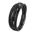 Multi-layer black leather braided bracelet with black metal cross and magnetic clasp - Black / Small Circumference
