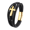 Men's multilayer black braided leather bracelet with golden cross and magnetic clasp - Gold / Small Circumference
