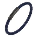 Minimalist navy blue braided leather bracelet with a matte black magnetic metal clasp - 20.5cm / Dark Blue