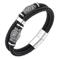 Herenarmband van gevlochten zwart leer met zilveren Viking-kompas en accenten - 19cm
