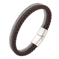 Double-layer braided brown leather and silver fiber bracelet with brushed magnetic clasp - 19cm / Coffee