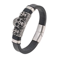 Punk style black leather men's bracelet with three silver skulls and magnetic clasp - 19 / Skull