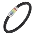 Braided black leather rainbow bracelet with polished silver magnetic clasp for men and women - 19cm / Rainbow Steel Buckle