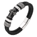 Detail of multi-layer black braided leather bracelet with stainless steel cross magnetic clasp - Medium / Black