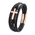 Men's multilayer black leather bracelet with rose gold cross and magnetic clasp - Rose Gold / Small Circumference