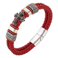 Men's double-braided red leather cross bracelet with silver magnetic metal clasp - Medium / Red