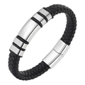 Men's braided black leather bracelet with polished silver stainless steel metal clasp - 19cm / Steel