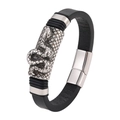 Detail of black woven leather bracelet with silver cylinder featuring a 3D snake pattern - Snake