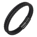 Double-layer black braided leather bracelet for men with polished stainless steel clasp - Black / 19cm