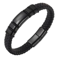 Men's multi-layer woven black leather bracelet with sleek black magnetic stainless buckle - 19cm / Black