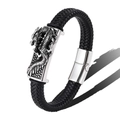 Heren vintage gevlochten leren armband met zilveren draak snijwerk, 45 graden hoek - 19 / Staalkleur
