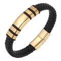 Men's multi-layer black braided leather bracelet with polished gold metal accents - 19cm / Gold