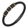 Braided black leather bracelet with textured black beads and polished gold rings - 19cm / Black & Gold