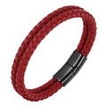 Double-layer braided red leather men's bracelet with black stainless steel magnetic clasp - Red / 19cm