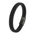 Men's sixteen-strand braided black leather bracelet with matte black stainless steel buckle - 20.5cm / Black Leather + Black Buckle