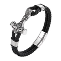Braided leather Viking bracelet with Thor's hammer Mjölnir charm and magnetic steel clasp - Steel / 19cm