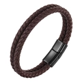 Double-layered men's bracelet in dark brown braided leather with black magnetic clasp - Dark Brown / 19cm