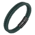 Men's double-layered braided green leather bracelet with a black matte magnetic metal clasp - Green / 19cm