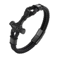 Men's black braided leather bracelet with Thor's hammer Mjölnir magnetic clasp - Black / 19cm