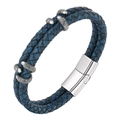 Blue braided leather bracelet with vintage silver charms and magnetic clasp for men - 19cm / Blue