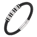 Men's black braided leather bracelet with stainless steel knurled beads and silver clasp - 19cm / Steel