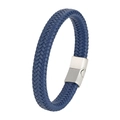 Navy blue braided leather bracelet with matte stainless steel magnetic clasp - 20.5cm / Blue Leather + White Buckle