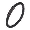 Men's braided black leather bracelet with matte black magnetic metal clasp - 19cm / Black