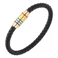 Braided black leather bracelet featuring a golden magnetic clasp with rainbow stripes - 19cm / Rainbow Gold Buckle
