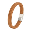 Braided caramel leather bracelet with brushed silver magnetic clasp for business casual style - 20.5cm / Khaki Leather + White Clasp