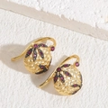 Vintage gold hammer-textured drop earrings with black and rose red zircon leaf pattern - Red Zircon