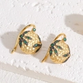 Vintage gold hammer textured earrings with green zircon leaves in drop style - Green