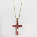 Cross pendant necklace with pink zircons on a delicate gold-plated chain - Rose Red