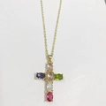 Colgante de cruz con piedras preciosas ovales de colores y circón chapado en oro 14K - Multicolor