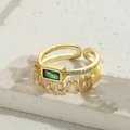 Anello regolabile placcato oro 14K con zircone verde rettangolare e pietre taglio baguette - Zircone Verde e Bianco
