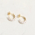 Bamboo style C-shaped gold plated earrings with white enamel inlay and secure stud back - White