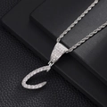Macro side view of silver letter C pendant with sparkling zircons on a rope chain - Letter C (Silver) / 20inch Rope Chain